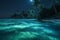 night luminous vacation ocean blue tropical sky palm beach tree paradise. Generative AI.