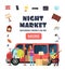 Night market, street bazaar invitation poster. Flea markets vector flyer