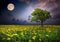 Night and the moon on a yellow flowers field