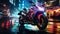 Night motorcycle driving downtown colorful on city streets , like colorful flashes, flash light car photo  , Generate AI