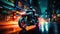 Night motorcycle driving downtown colorful on city streets , like colorful flashes, flash light car photo , Generate AI