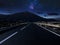 Night mountain road .Night sky with milky way and stars