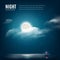 Night nature background cloudy sky with stars, moon and calm sea with beacon