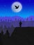 Night Nature Landscape Illustration Scenery Blue Ky Glow Moon Flying bird Forest and mountains with a man