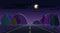 Night nature landscape road, mountains, forest moon cloud stars sky