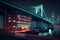 Night neon Bridge over river or bay with cityscape background. Neon colors future city cyberpunk landscape