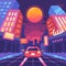 Night neon city street 1980s style flat illustration. New Retro Wave