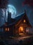 Night over charming cabin in the forest under full moon. Amazing digital illustration. CG Artwork Background