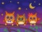 Night owls childish cartoon characters sitting on tree branch, flat vector illustration.