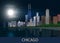 Night panorama Chicago city downtown with skyscrapers, lake Michigan, green trees and full moon in dark blue sky. Cityscape, view,