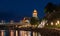 Night panorama of the Narva castle with the tower High Herman, Narva, Estonia. In the foreground is the city promenade