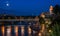 Night panorama of the Narva castle with the tower High Herman, Narva, Estonia. In the foreground is the city promenade