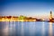 Night Panorama of Old Venetian City of Chania Taken at Blue Hour from Pier with the Lighthouse in Background