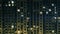 Night panorama time-lapse of light in windows of multistory buildings. Rows of glowing windows with people in the