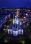 Night panoramic cityscape with Saint Sampson`s Cathedral, oldest church in St. Petersburg, Russia.