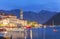 Night panoramic view of Perast old town with famous campanile of