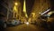 Night in Paris, Eiffel Tower sparkling, many cars parked along narrow street