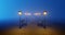 Night park blue fog alley bench lantern. Surrealistic cartoon minimalistic scene lonely, empty. Cinematic light glowing smoke. 3D