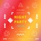 Night party banner or poster template. Square. Memphis elements. Geometric composition. Blurred colorful gradient background.