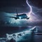 At night, a passenger airplane flying over the sea is struck by lightning. Generated By AI