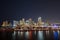 Night photo Downtown Miami port boulevard bridge lit neon electric blue