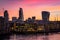 Night photo of London silhouette, offices by the Thames river