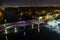 Night photo Miami Beach 41st Street Bridge neon lights over Indian Creek waterway