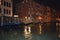 Night Photograph Of A Full Jetty Of Gondolas On The Grand Canal Of Venice From The Adriatic Sea. Travel, Holidays, Architecture.
