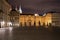 Night Picture of the main entrance to the Prague castle in Prague in Czech Republic. Gate of giants, with baroque statues