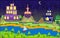 Night pixel city with a sailboat on the river