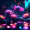 Night pond with lotus flowers. Vector illustration in cartoon style. AI generated