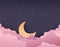 Night purple sky with pink clouds and gold moon