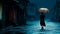 Night rain scene: girl in black jacket with umbrella. Calm beauty, raw vulnerability in indigo and amber