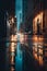 Night rainy city road streets. Generative AI