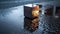Night Reflections: The Enigmatic Metallic Cube on Rain-Soaked Asphalt