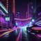 Night road with moving cars, lights and buildings. 3d rendering generative AI