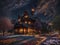 Night\\\'s gentle embrace a house with a captivating shape stands adorned with an array of flowers, their vibrant colors.