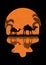 Night Sahara and full moon minimalist poster. Oasis landscape, wild camels in Africa. Panoramic view illustration.