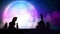 Night scene of boy outdoors, boy looking through a telescope at stars in the sky, beautiful night sky, loop animation background.