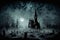 Night scene with creepy church and ghost. Digital art for Halloween, Generative AI