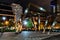 Night scene of fountain plaza in Chicago West Loop neighborhood park. Travel in Illinois