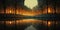 A night scene with a full moon reflecting in the water, AI