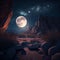 A night scene with a full moon, vegetation and rocks. 3D illustration