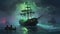 Night scene of ghost pirate ship in the sea with mysterious green light, Flying Dutchman painting