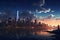 night scene of modern city with skyscrapers and reflection in water, New York City skyline, AI Generated