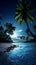 A night scene with palm trees and the ocean