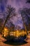 Night scene in a park in the winter with a lake in the foreground