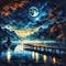A night scene with a pier and a full moon, moonlit night dreamy atmosphere, atmospheric dreamscape painting, dream scenery art.