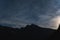 Night scene in the Polish Tatras. Mount Kasprov, cable road for the funicular, twilight and starry sky with a slight haze