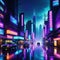 Night scene of after rain city in cyberpunk futuristic nostalgic Neon lights vibrant photorealistic horizontal